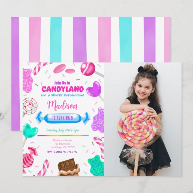 Redigerbar Candy land Födelsedagsfoto-inbjudan Inbjudningar (Fram/baksida)