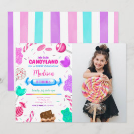 Redigerbar Candy land Födelsedagsfoto-inbjudan Inbjudningar