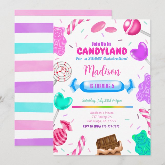 Redigerbar Candy land födelsedagsinbjudan Inbjudningar (Fram/baksida)