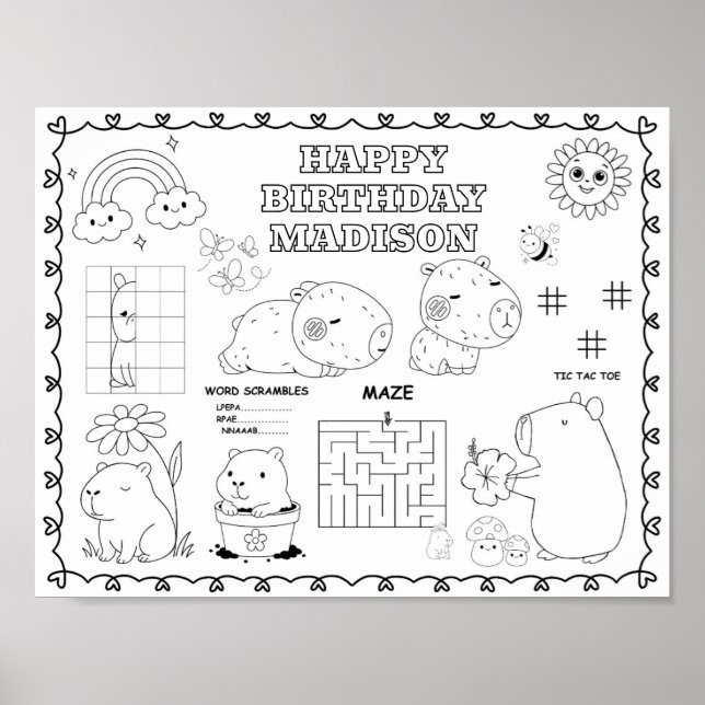 Redigerbar capybara födelsedagsfärgning underlägg  poster (Framsidan)