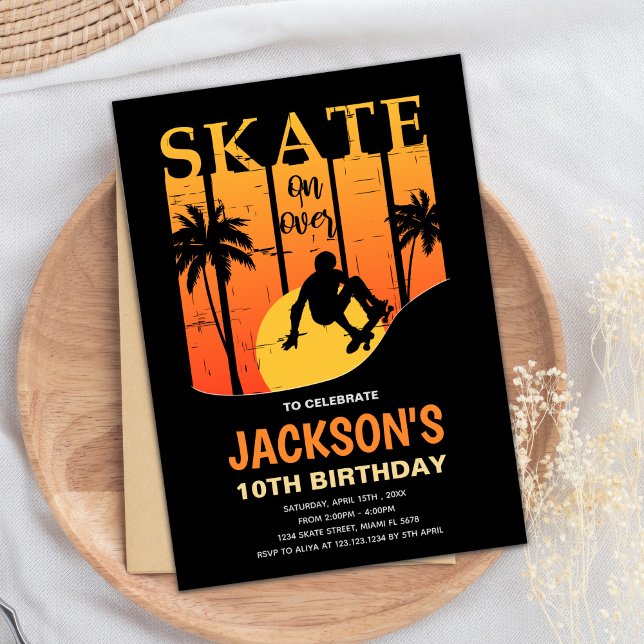 Redigerbar Coola Skater Party Inbjudan för pojkar (Orange Skateboard Birthday Invitations)