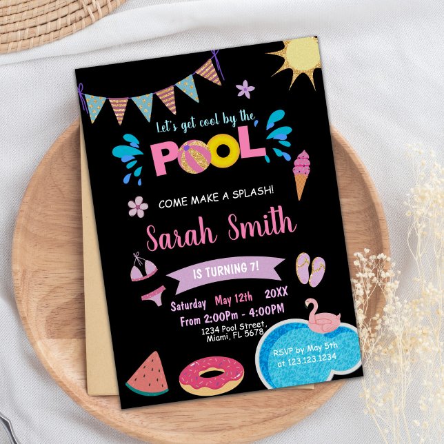 Redigerbar Coola Sommar Simma Party Inbjudan för p (Black Blue Pool Birthday Invitations)