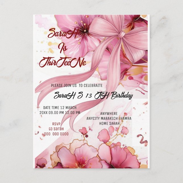 Redigerbar Coquette Rosa Födelsedagsinbjudan, Pi Vykort (Framsida)