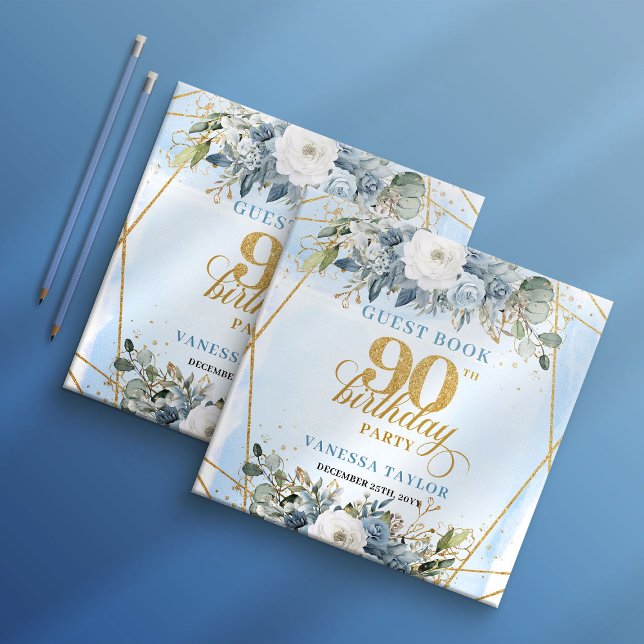 Redigerbar dammig blå blomsterram 90-årsdag   gästböcker (Editable Dusty Blue Floral Frame 90th Birthday Guest Book

)