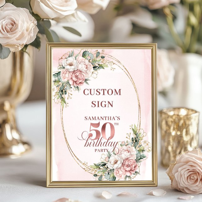 Redigerbar dammig rosa blommig 50-årsdag 8x10-skyl poster (Editable Dusty Pink Floral 50th Birthday 8x10 Sign)