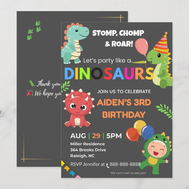 Redigerbar Dino-födelsedagsinbjudan - vanligt kort (Fram/baksida)