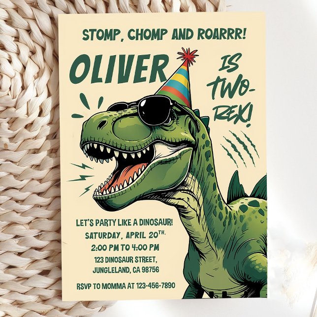 Redigerbar dosinosaur 2:a födelsedagsinbjudan, två inbjudningar (Skapare uppladdad)