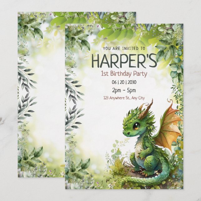 Redigerbar Drakens 1-års Födelsedagsfest Inbjudan (Fram/baksida)