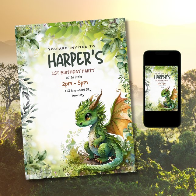 Redigerbar Drakens 1-års Födelsedagsfest Inbjudan (Skapare uppladdad)