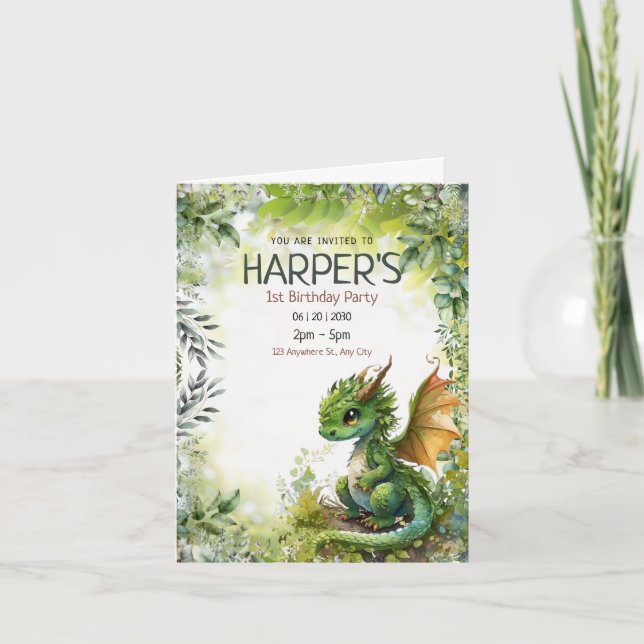 Redigerbar Drakens 1-års Födelsedagsinbjudan Inbjudan (Framsida)