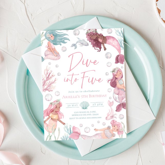 Redigerbar Dyk in i 5 Sjörövar-födelsedagsinbjudan Inbjudningar (Watercolor Mermaid 5th Birthday Invitation)