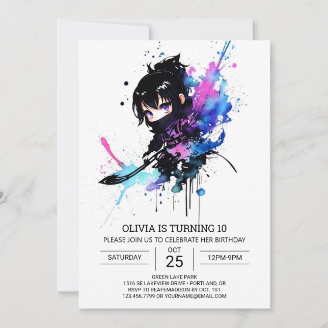 Redigerbar Elegant Ninja Girl Birthday Inbjudningar (Framsida)