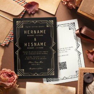 Redigerbar Elegant Svart Art Deco QR RSVP Bröllop Inbjudningar