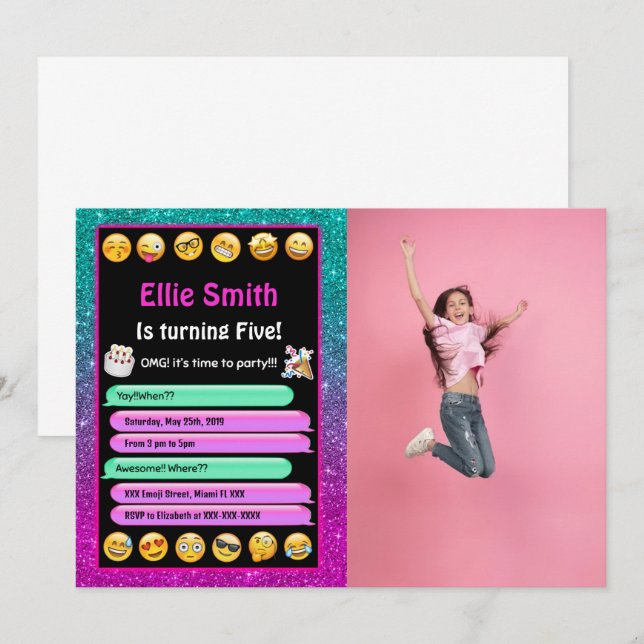Redigerbar Emoji Födelsedagsfoto Inbjudan (Fram/baksida)