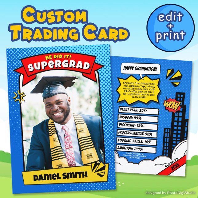 Redigerbar examenshandels kort, Super examen serie (Editable Graduate Trading Card, Super Grad Comic Announcement Card)
