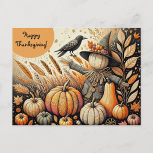 Redigerbar Fågelskrämma Kråka och Pumpor Thanksgiv Vykort