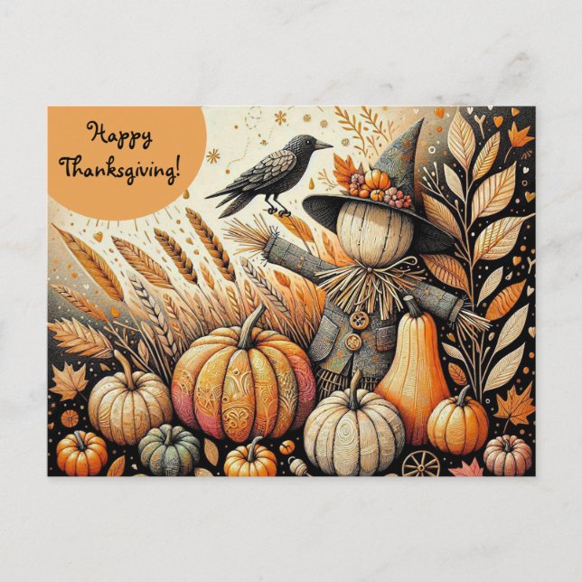 Redigerbar Fågelskrämma Kråka och Pumpor Thanksgiv Vykort (Framsida)