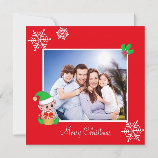 Redigerbar familjefoto & söt tomte på röd jul (Framsida)