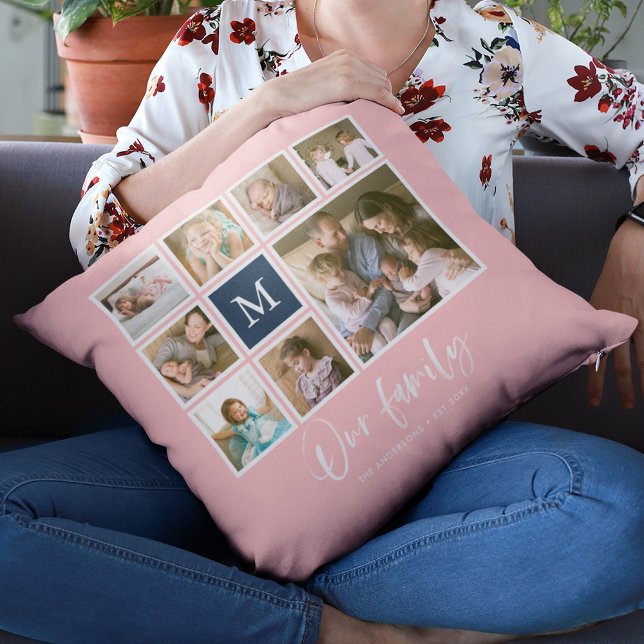 Redigerbar färgmonogram Vår familjefotocollage Kudde (Skapare uppladdad)