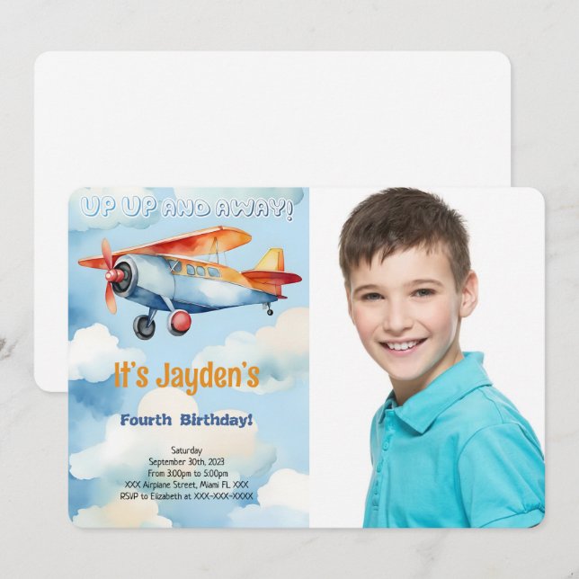 Redigerbar Flygplans Födelsedagsfest Foto Inbjudningar (Fram/baksida)