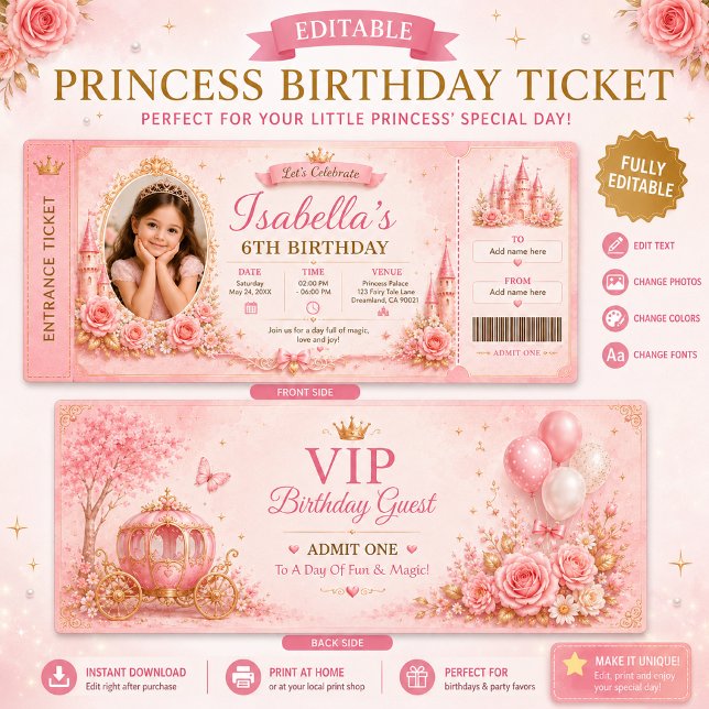 Redigerbar Födelsedagsbiljett för Prinsessa  (Skapare uppladdad)