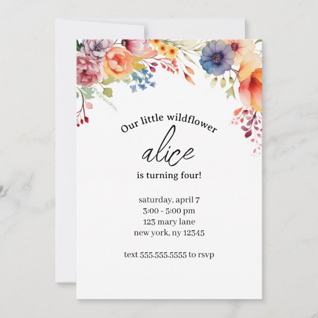 Redigerbar födelsedagsfestmall för vilda blommor inbjudningar (Framsida)