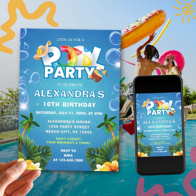 Redigerbar födelsedagsinbjudan Bassäng Party Inbjudningar (Skapare uppladdad)