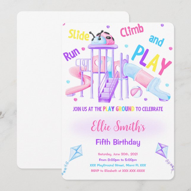 Redigerbar födelsedagsinbjudan till lekplats inbjudningar (Fram/baksida)