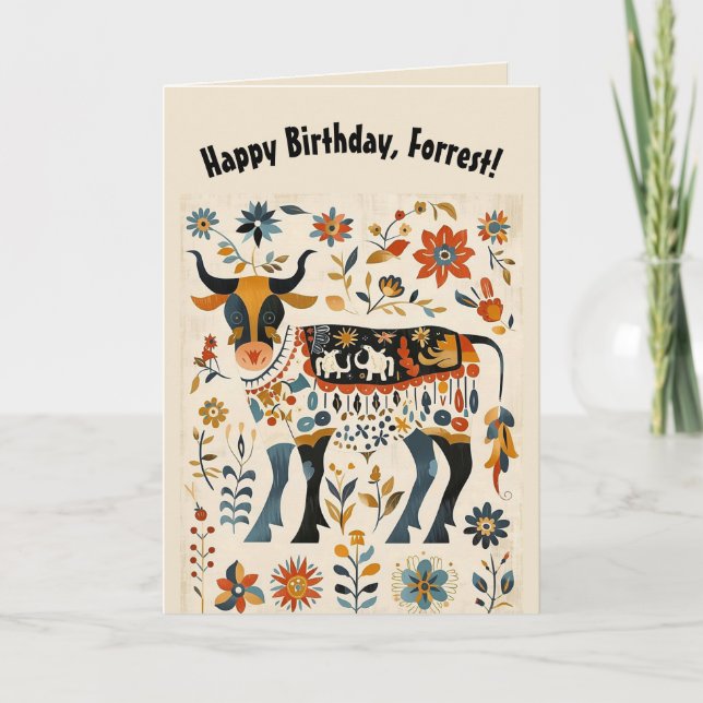 Redigerbar folkkonst Tjuren och blommor Kort (Framsida)