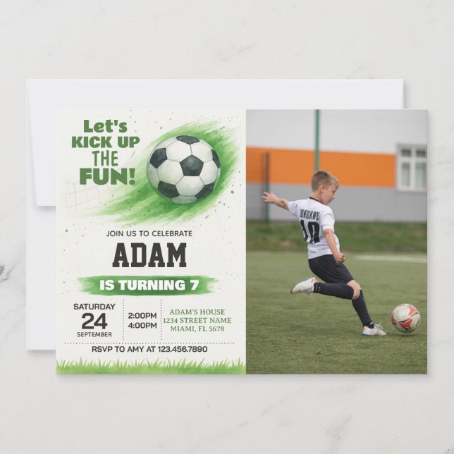 Redigerbar fotbollsfest-inbjudan med foto inbjudningar (Framsida)