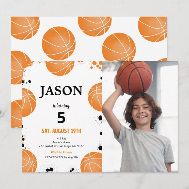 Redigerbar fotoinbjudan till basket inbjudningar (Fram/baksida)
