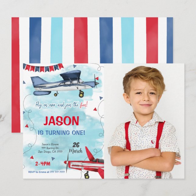 Redigerbar fotoinbjudan till flygplan inbjudningar (Fram/baksida)