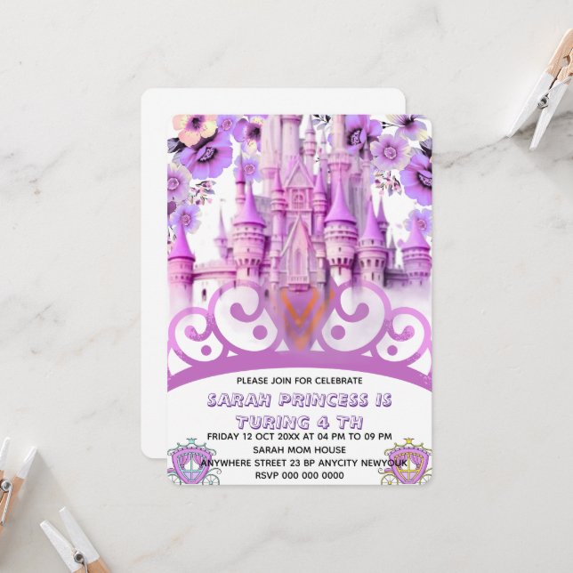 Redigerbar Four ever a Princess 4-års födelsedagsi Inbjudningar (Fram/Back In Situ)