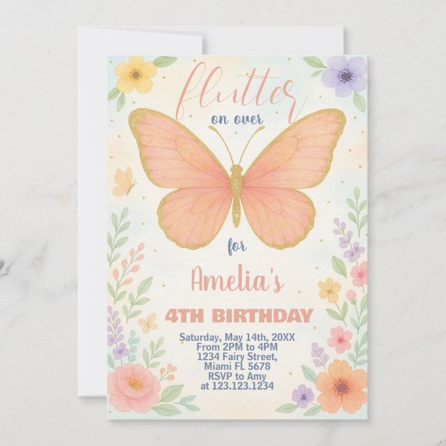 Redigerbar Glitter Butterfly Birthday-inbjudan Inbjudningar (Framsida)