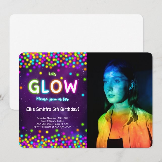 Redigerbar Glow Födelsedagsfoto Inbjudan (Fram/baksida)