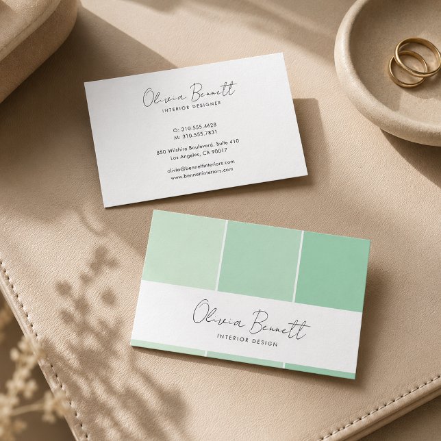Redigerbar grön färg, modern inredningsdesigner visitkort (Editable Green Color, Modern Interior Designer Business Card)