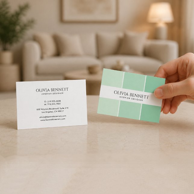 Redigerbar grön färg, modern inredningsdesigner visitkort (Editable Green Color, Modern Interior Designer Business Card)