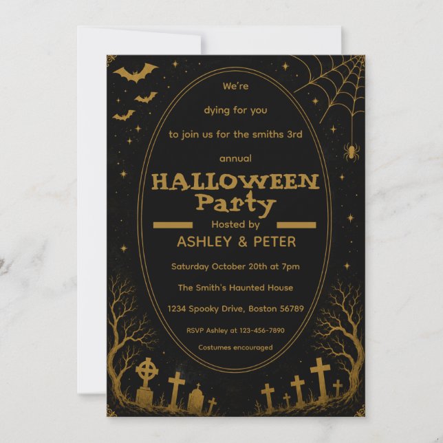 Redigerbar gul Halloween-fest-inbjudan Spara Datumet (Framsida)