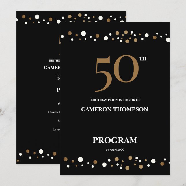 Redigerbar Guld och svart konfekti 50-årsdag Program (Fram/baksida)
