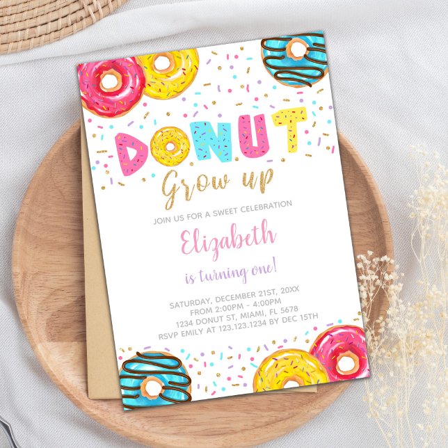 Redigerbar Gult, Rosa och Grönt Sprinkle Party Inv Inbjudningar (Yellow Pink Green Donut Birthday Invitations)