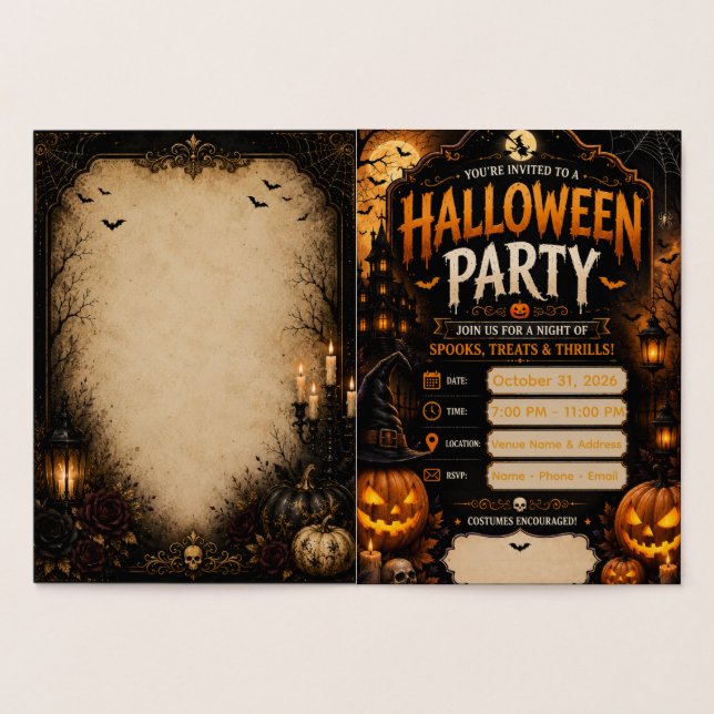 Redigerbar Halloween-festinvitation | Gotisk pumpa Folierat Kort (Insida)