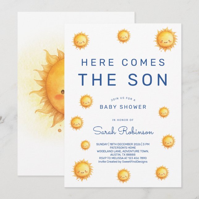 Redigerbar Här kommer sonen Baby Shower Inbjudningar (Fram/baksida)