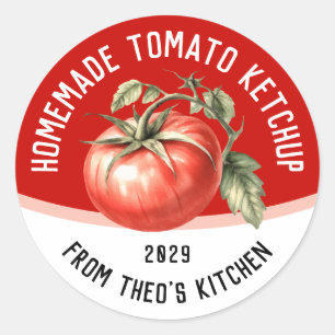 Redigerbar hemmagjord tomatketchup med röd tomat runt klistermärke