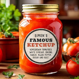 Redigerbar hemmagjord tomatketchup med rostig skyl runt klistermärke