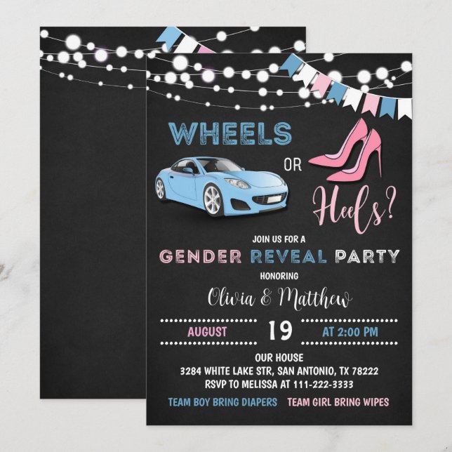 Redigerbar Hjul eller Heels Gender Visa Party Inbjudningar (Fram/baksida)