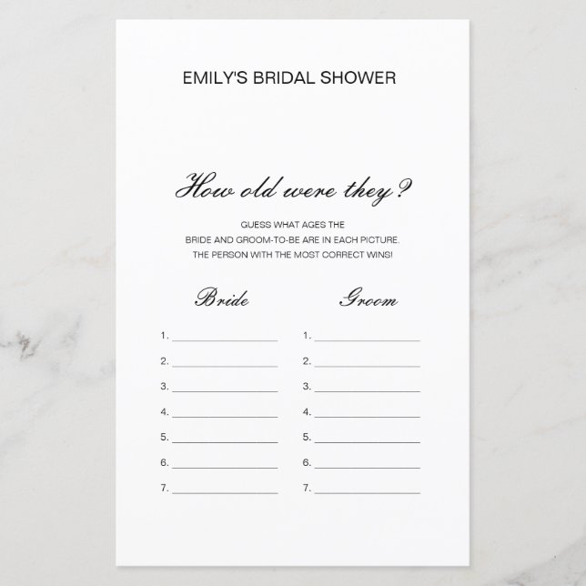 Redigerbar Hur gamla var de? Bröllopsduschspel (Framsida)