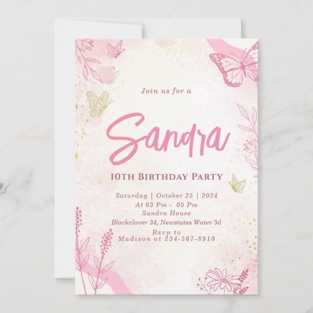 Redigerbar inbjudan för fjäril-Födelsedagsfest (Framsida)