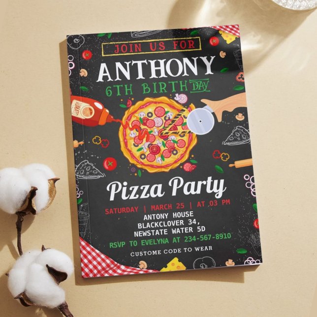 Redigerbar inbjudan för Pizza-Födelsedagsfest (Pizza Birthday Party Editable Invitation)