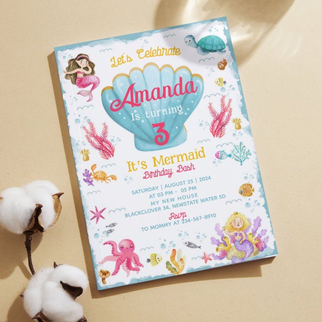 Redigerbar inbjudan till Bash Party i sjöjungfru B (Mermaid)