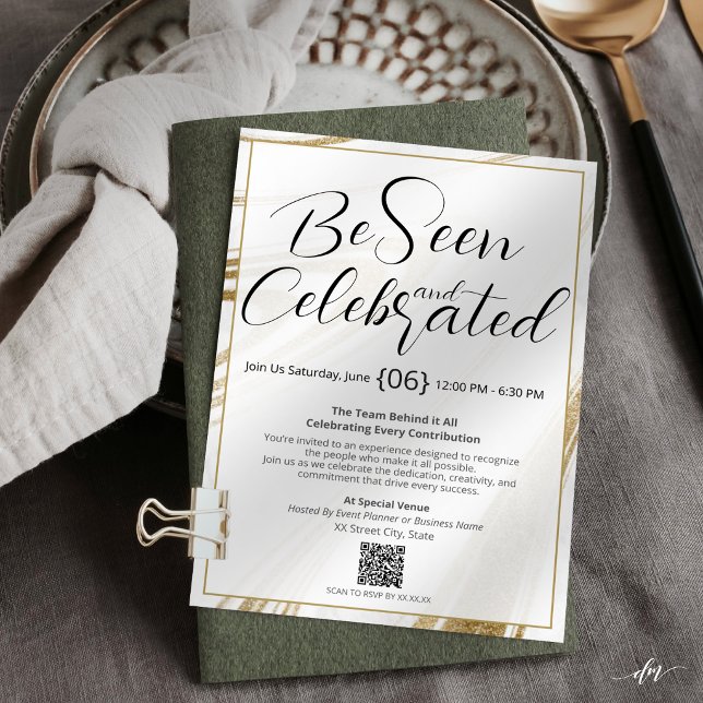 Redigerbar inbjudan till erkännandehändelse (Where presentation meets purpose—an invitation designed for elevated recognition experiences.)